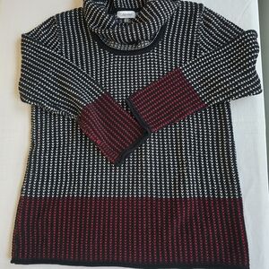 Calvin Klein Black and Red Patterned Turtleneck Sweater 100% Cotton Holiday